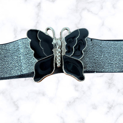 Vintage 80s Black and Silver Glitter Stretch Waist Belt with Butterfly Clasp. Approx UK size 6-10