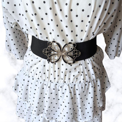 Vintage 80s Black Stretch Waist Belt with Art Deco Clasp. Approx UK size 12 - 16