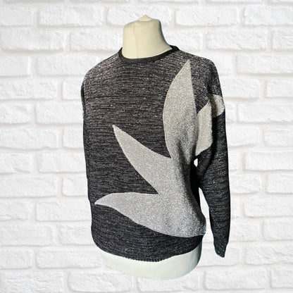 80s Black and Silver Sparkly Star Design Vintage Jumper. Approx UK size 14-18.
