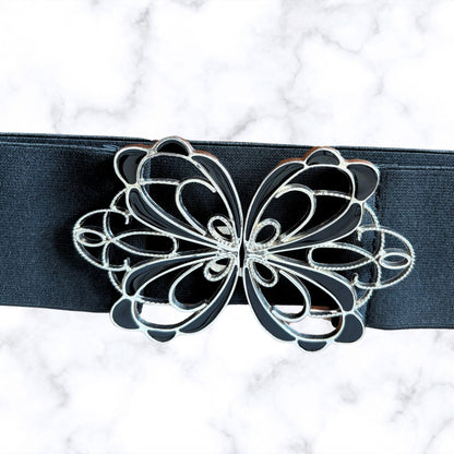 Vintage 80s Black Stretch Waist Belt with Art Deco Clasp. Approx UK size 12 - 16