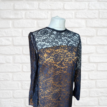 60s Vintage Black Lace Long Sleeved Shift Dress. Approx  U.K. size  8-10
