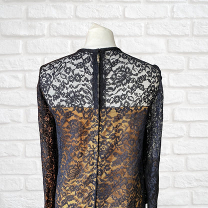 60s Vintage Black Lace Long Sleeved Shift Dress. Approx  U.K. size  8-10
