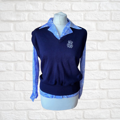 80s blue tank top/knitted sweater vest with white crown motif. Approx UK size 10-14