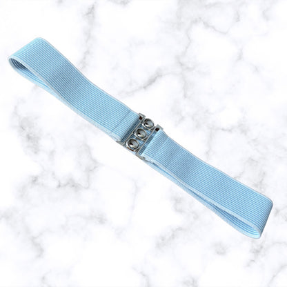 Vintage 80s Blue and White Striped Stretch Waist Belt with Metal Clasp. Approx UK size 20-22