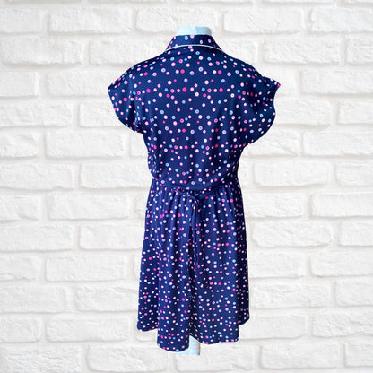 80s Navy Blue, Purple and Pink Polka Dot 40s Style Dress. Approx U.K. size 14-16