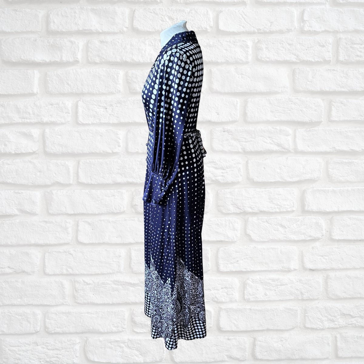 Side view of vintage blue and white long dress