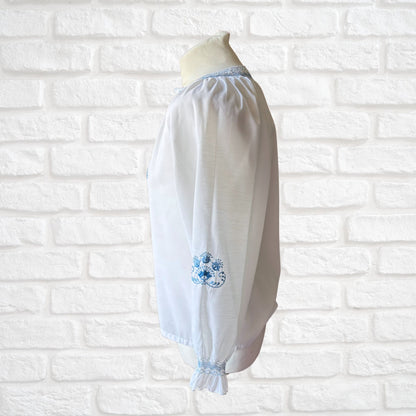 White Vintage Peasant Style Blouse with Blue Floral Embroidery. Approx UK size 8-10