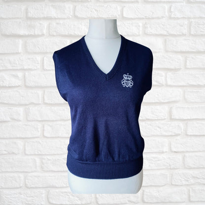 80s blue tank top/knitted sweater vest with white crown motif. Approx UK size 10-14