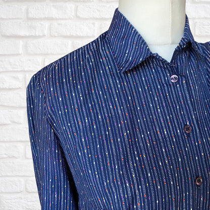 80s Blue Vintage Blouse with a Multicoloured Polka Dot and Striped Print. Approx U.K. size 12-16