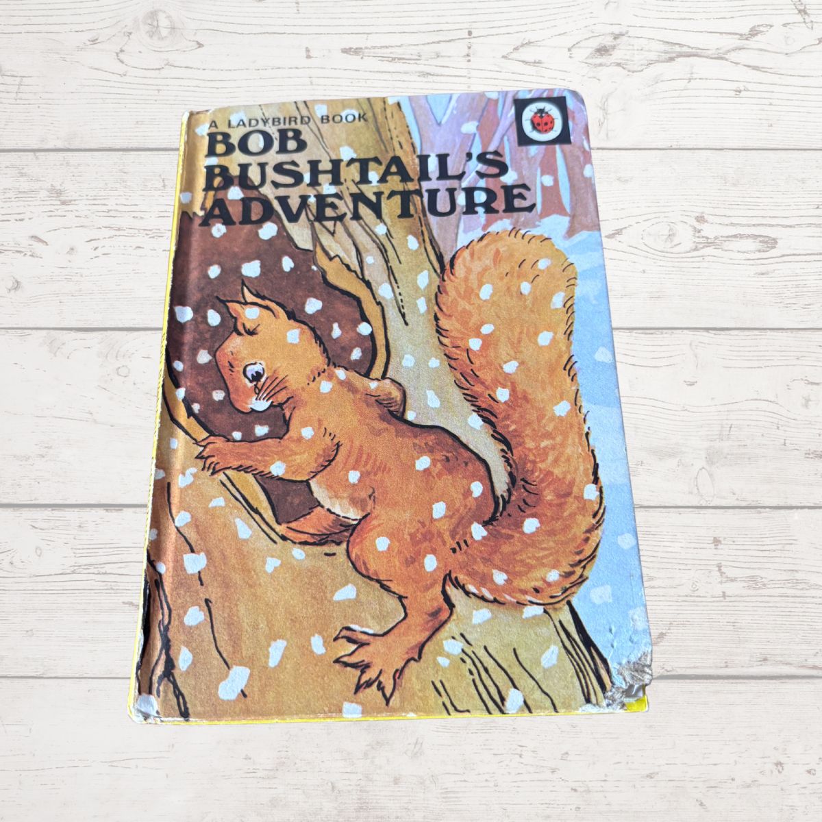 Vintage children's book titled 'Bob Bushtail's Adventure' featuring an illustration of a squirrel on a tree trunk, photographed on a light wood plank surface.