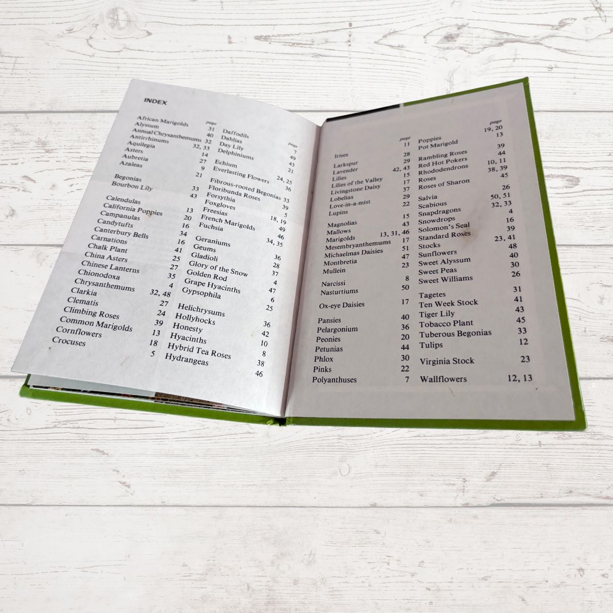 An open hardcover book showing printed table-of-contents pages, photographed on a light whitewashed wood surface.