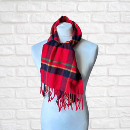 Bright Red Plaid Italian Vintage Wool Scarf with Fringing. Great Gift Idea