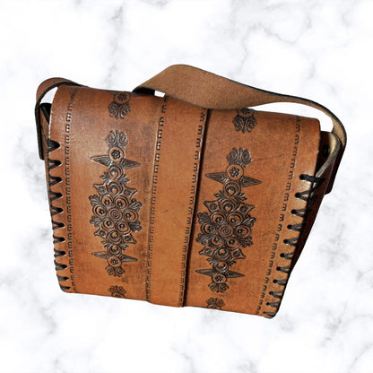 70s Boho Brown Tooled Leather Vintage Shoulder Bag with Buckle Fastening