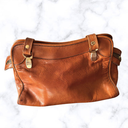 70s Dark Tan Leather Vintage Shoulder Bag. Stylish and Secure
