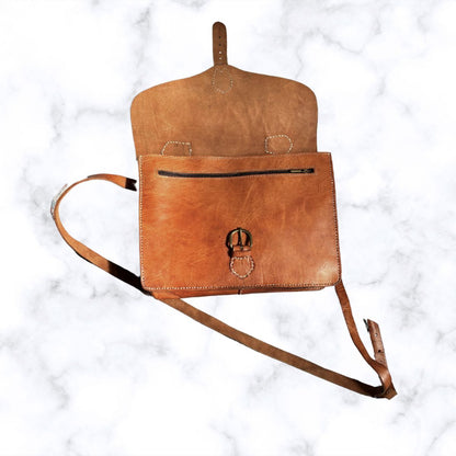 Classic Vintage Large Tan Leather Unisex Satchel with Buckle Front