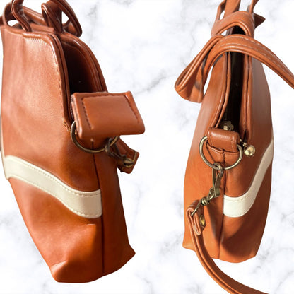 Dark Tan Vintage Top Handle/Shoulder Bag with White Chevron Stripe.