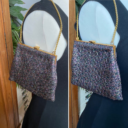 Vintage sparkly rainbow floral fabric evening bag with gold clip frame. Perfect Christmas accessory. Gift idea