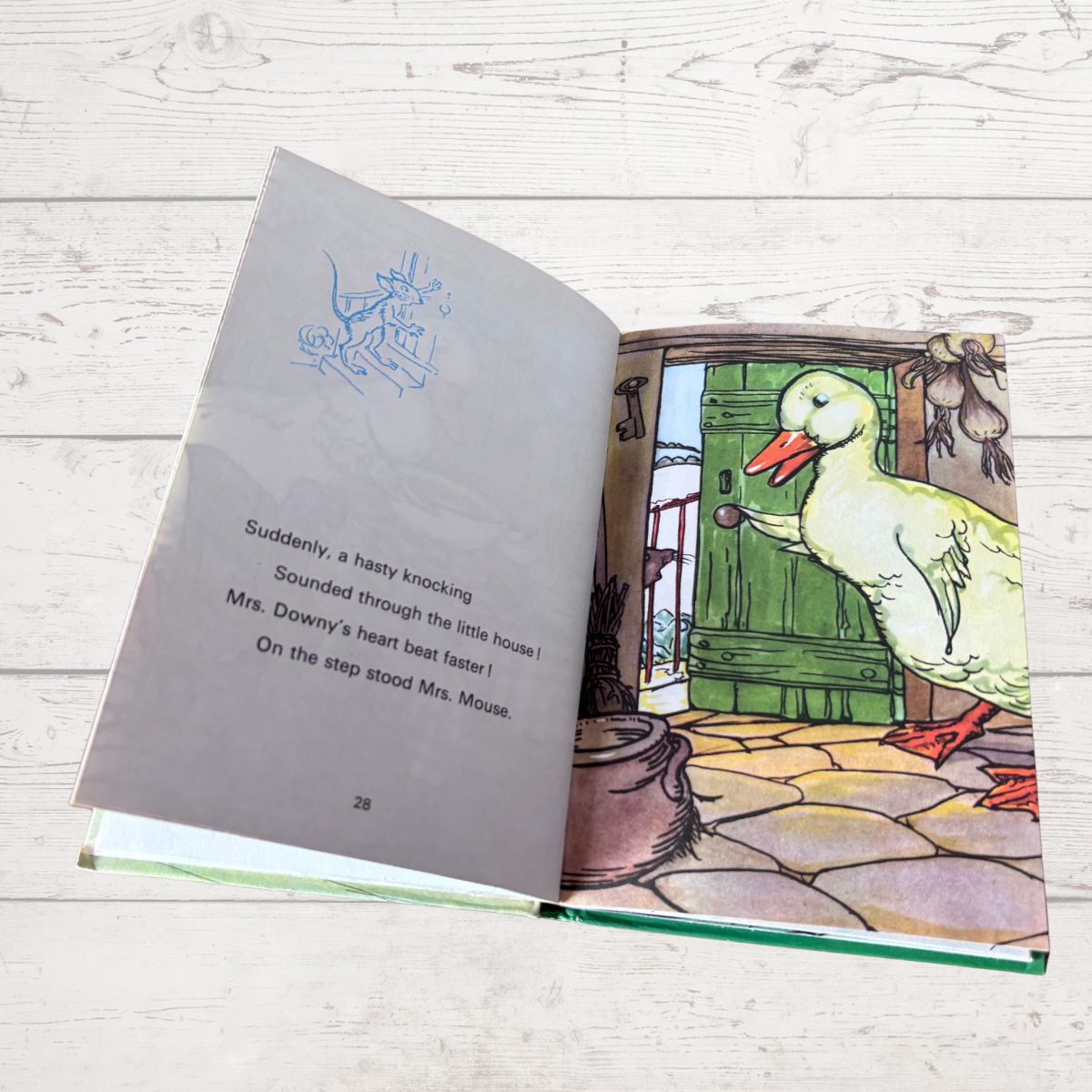 An open children's picture book lying on a whitewashed wooden surface, showing illustrated pages with text and a cartoon duck character standing by a green door.