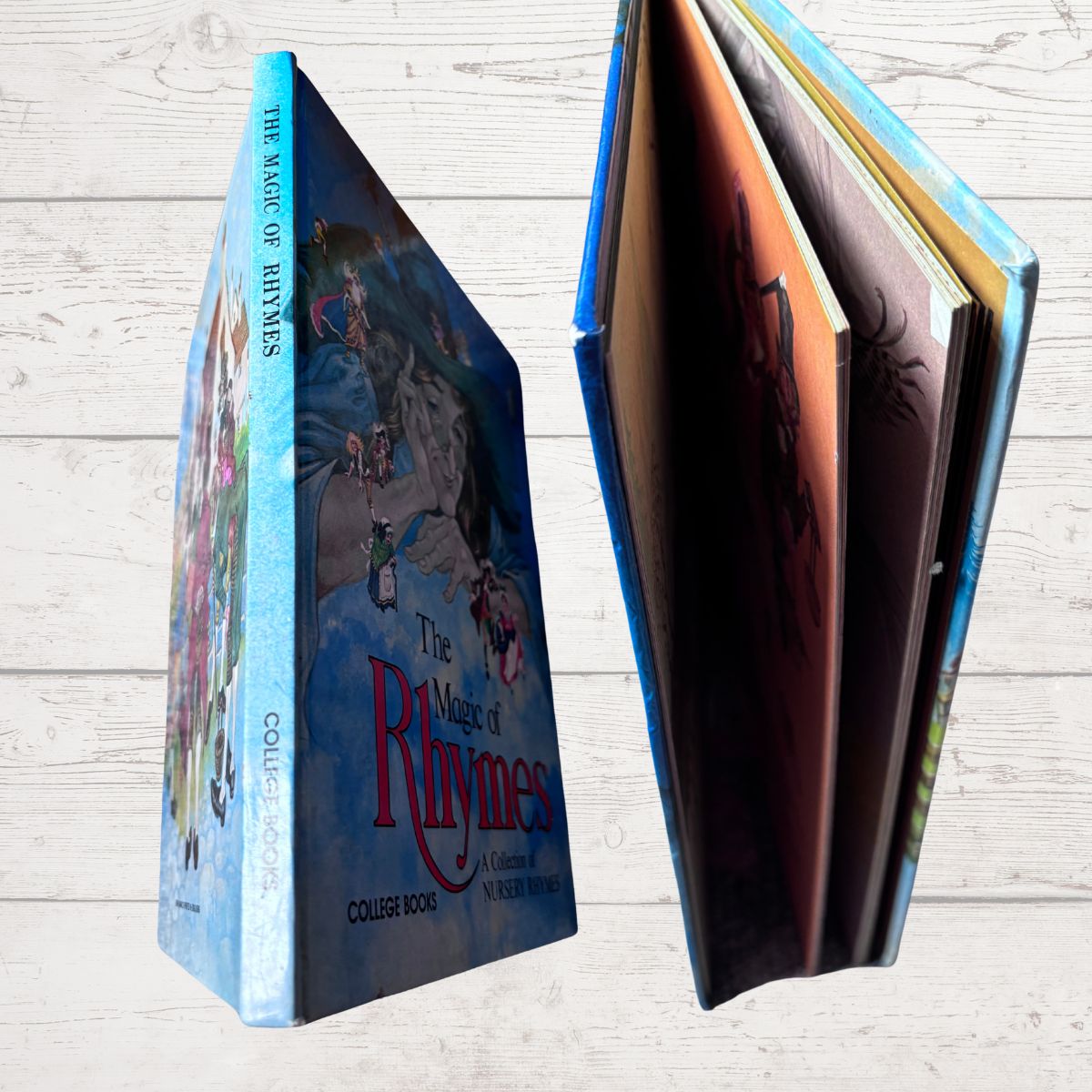 Two views of the hardcover book 'The Magic of Rhymes' by Collette Rood, showing the illustrated blue front cover and the open interior pages with warm-toned illustrations.