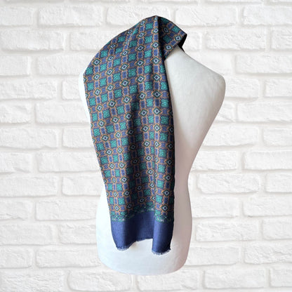 1960s Mod Style Wool and Silk Men’s Dark Blue Geometric Paisley Print Vintage Scarf with Fringing