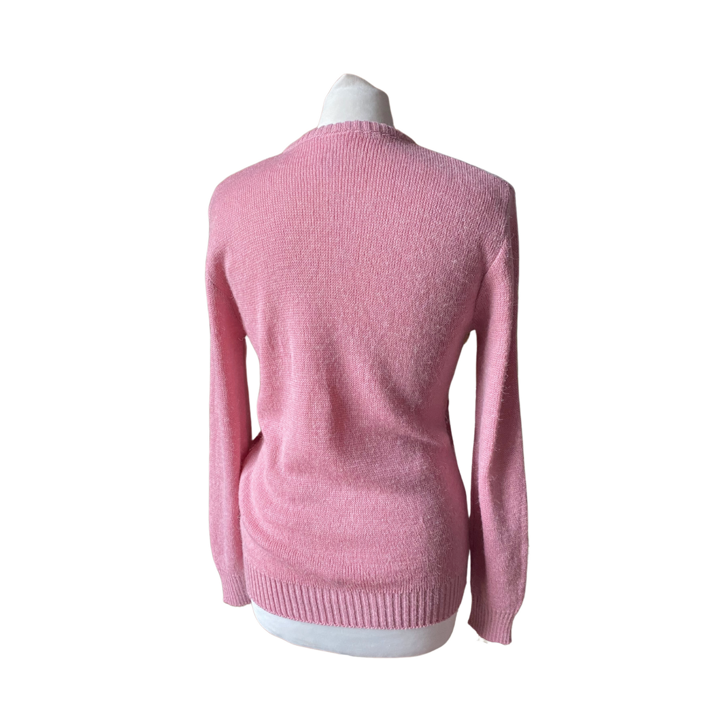 Fluffy long-sleeved jumper with pink and white argyle design