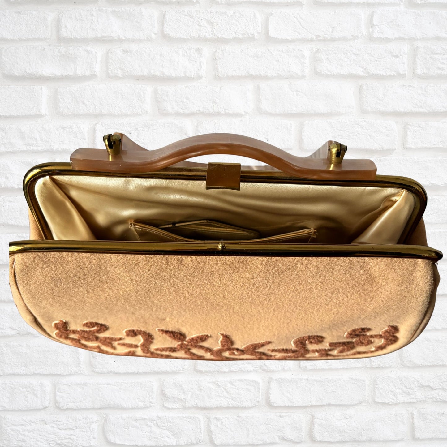 Vintage 1950s Tan Wool Felt Handbag with Lucite Handle - Charles S Kahn Inc, Florida