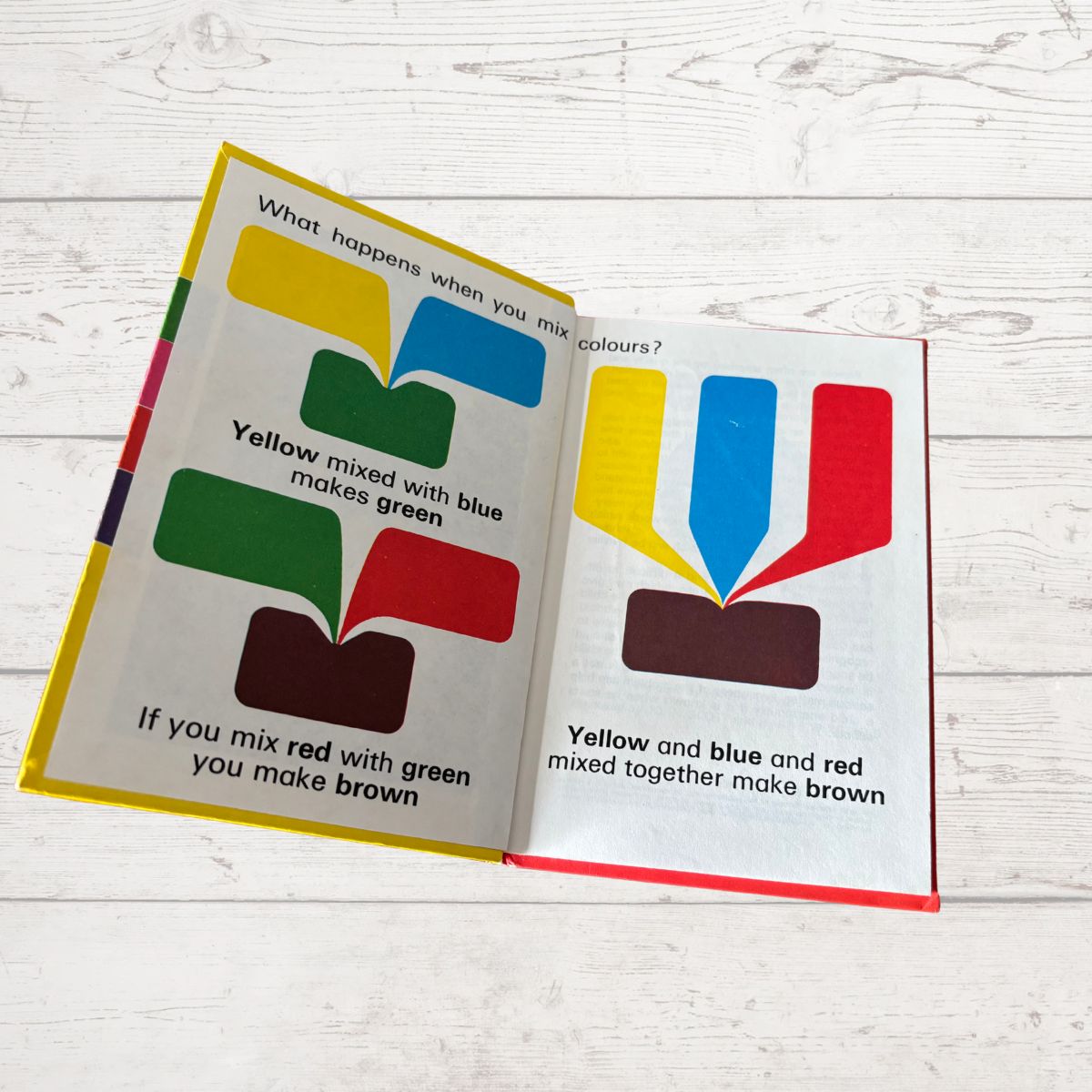 Open book showing color mixing illustrations on a wooden surface