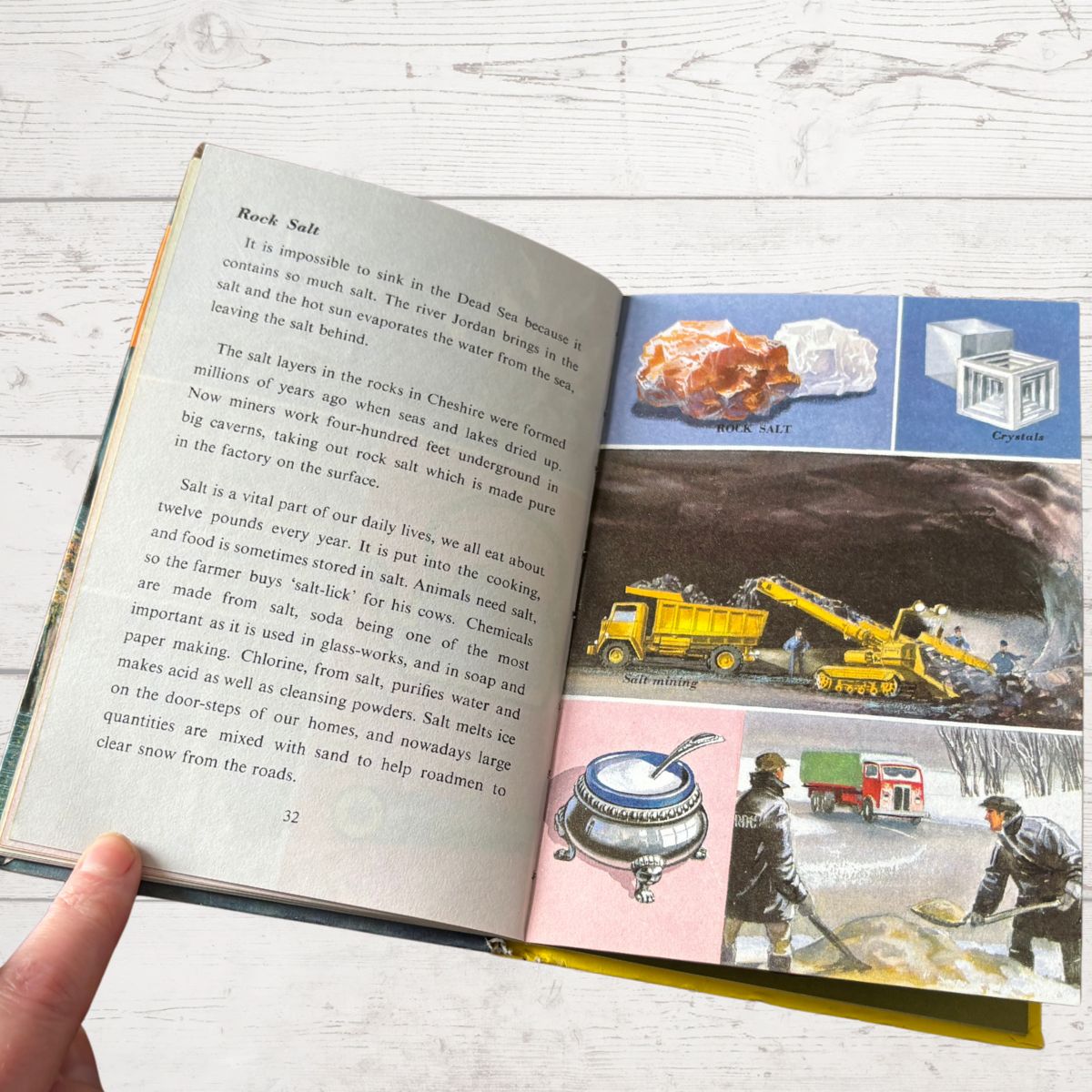 Open book showing pages about rock salt with illustrations and text.