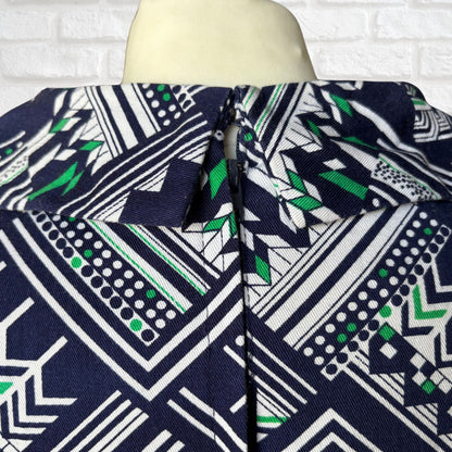 60s/70s Navy Blue Geometric Print A-Line Mini Dress. Approx UK size 10-12