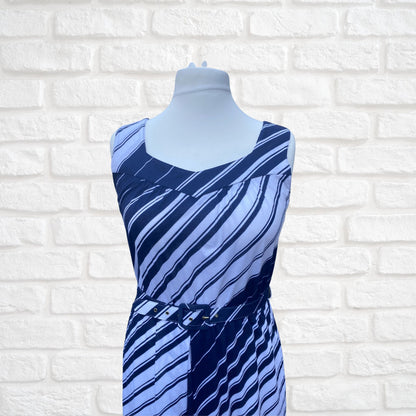 80s Navy Blue and White Striped Cotton Vintage Sundress with Matching Belt. Approx UK size 14-16