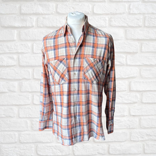 Cream, Beige, orange and blue checked shirt on a male mannequin 