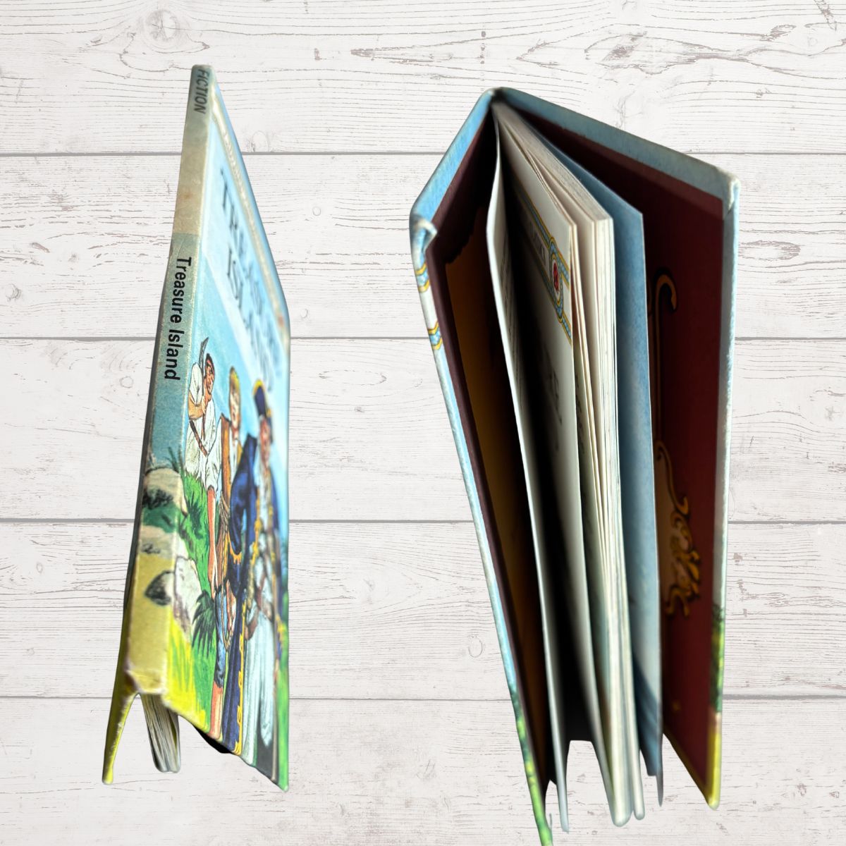 A children's hardcover book titled 'Treasure Island' shown from two angles: standing upright on its spine on the left, and fanned open on the right to show the interior pages. The cover features colorful illustrations of characters and a shipwreck scene, with a light blue sky and green landscape.
