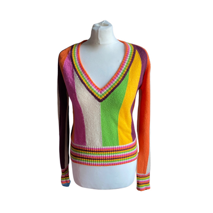 Vintage Italian Wool Multi Coloured Stripe V Neck Jumper.Approx UK size 8-10