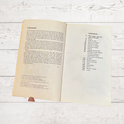 An open book showing the foreword and contents pages, photographed from above on a white wood plank surface.
