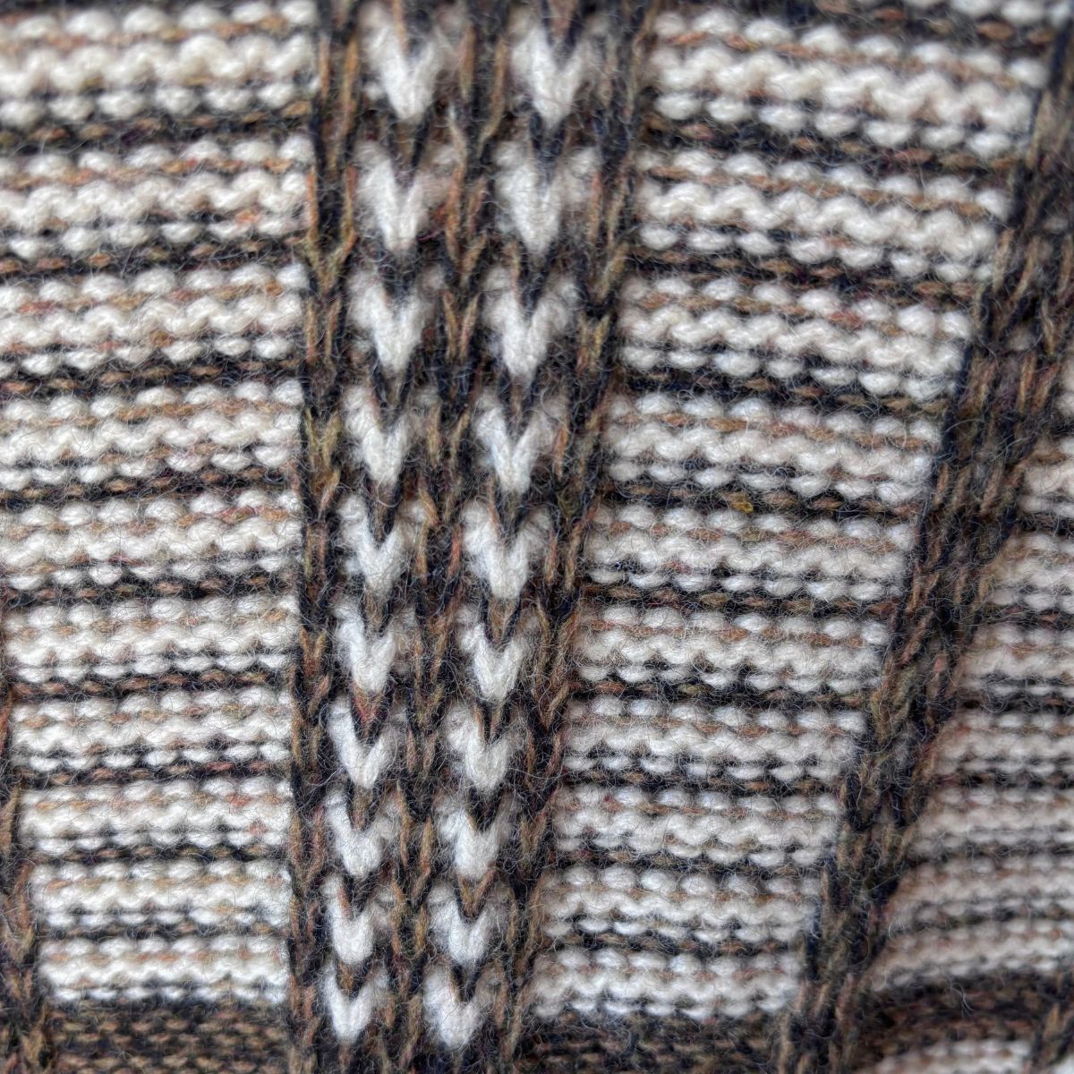 Close-up of a knit fabric with a textured cable pattern in cream, brown, and black.