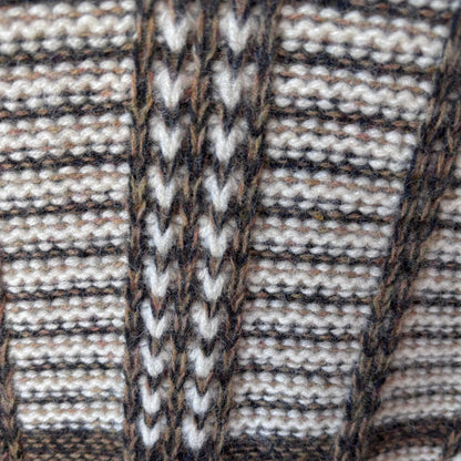 Close-up of a knit fabric with a textured cable pattern in cream, brown, and black.