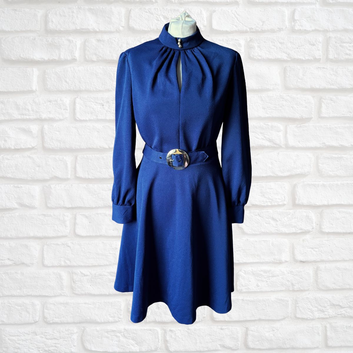 Dark Blue  1970s Disco Style Skater Dress on a white background 