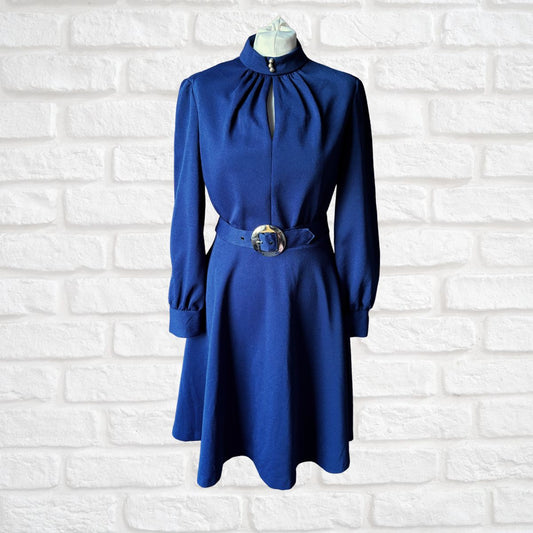 Dark Blue  1970s Disco Style Skater Dress on a white background 