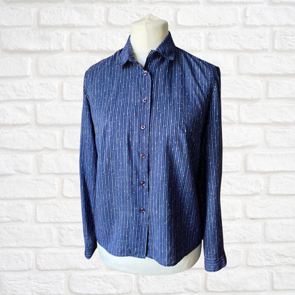80s Blue Vintage Blouse with a Multicoloured Polka Dot and Striped Print. Approx U.K. size 12-16