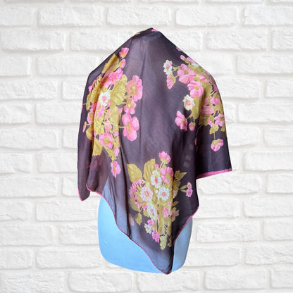 Stylish Brown, Pink and Green Lightweight Floral Vintage Scarf. Great Gift idea