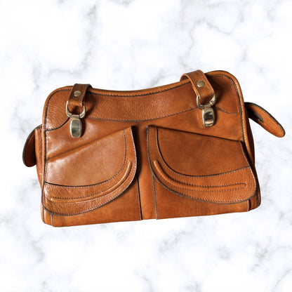 70s Dark Tan Leather Vintage Shoulder Bag. Stylish and Secure