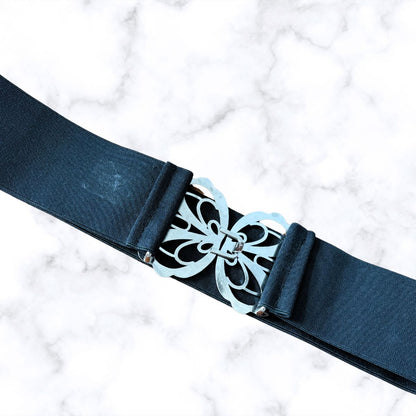 Vintage 80s Black Stretch Waist Belt with Art Deco Clasp. Approx UK size 12 - 16