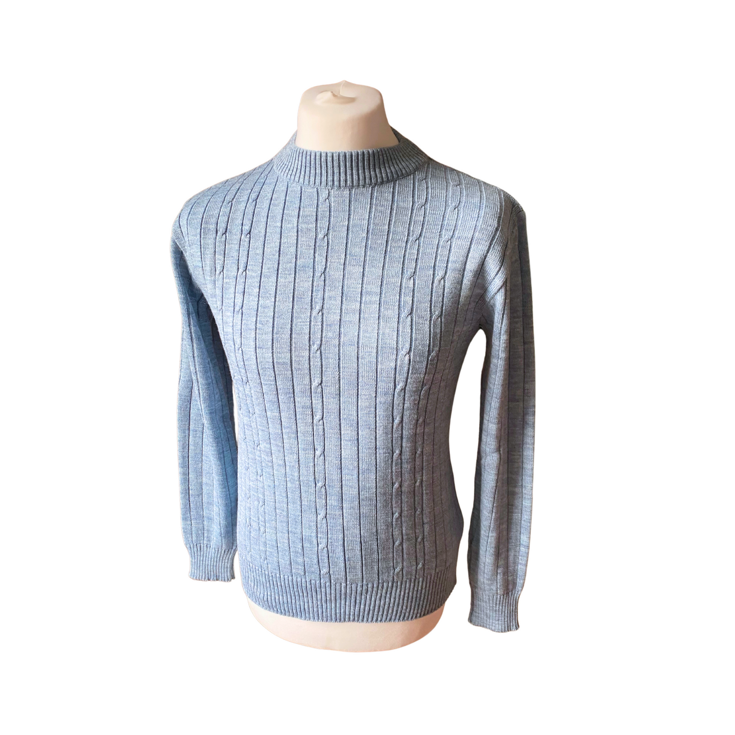 Stylish blue cable knit vintage jumper - on male mannequin 