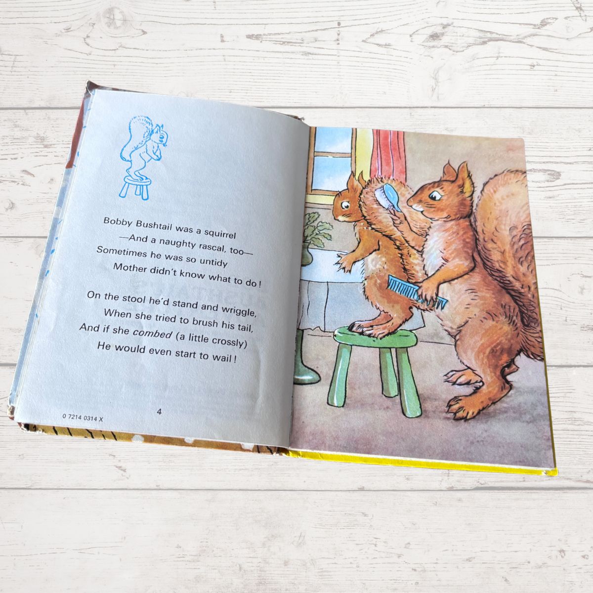 An open children's picture book lying on a light wood floor, showing a printed illustration of two squirrels grooming each other with a blue brush. The left page contains black text, and the right page shows the illustrated scene.