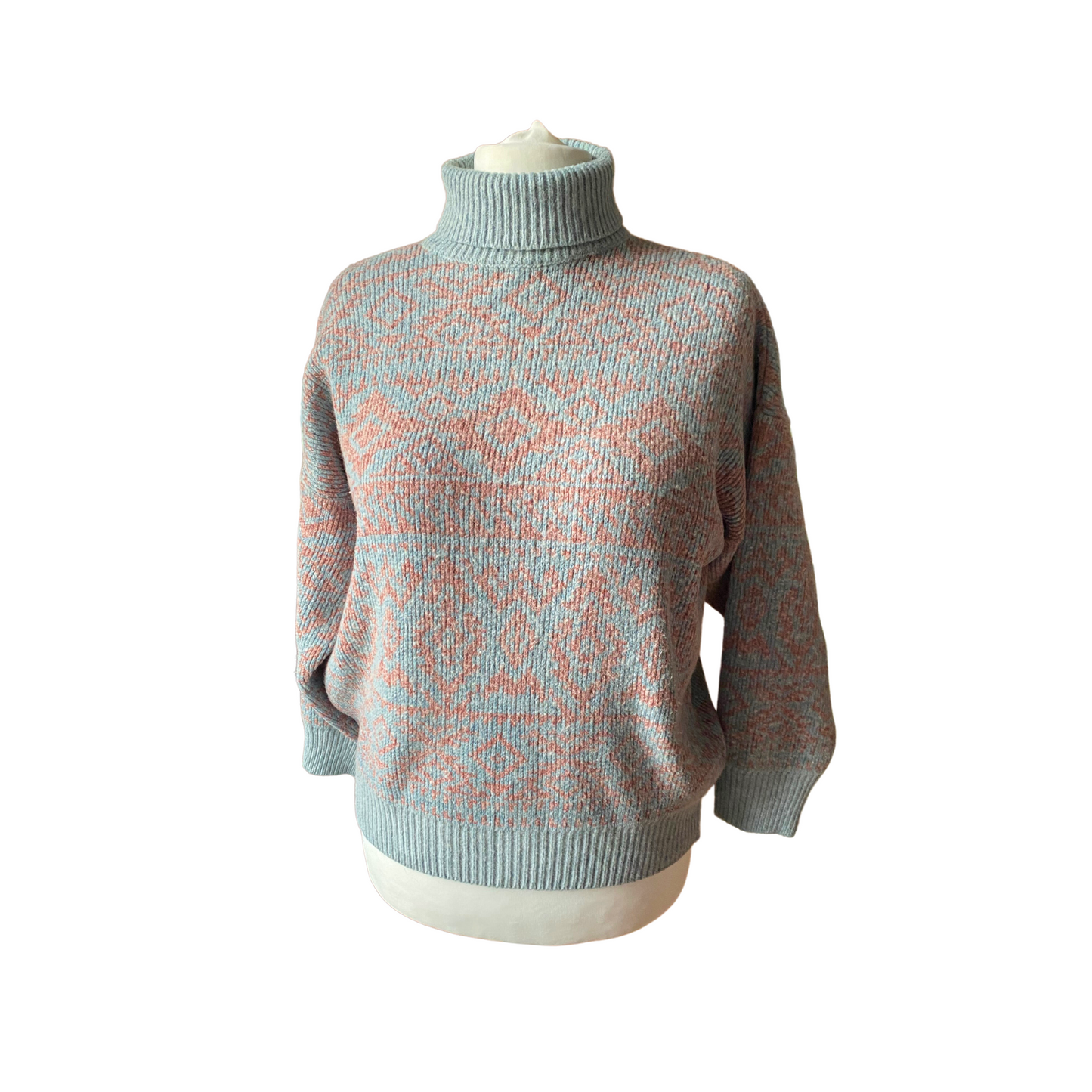 Vintage pale blue and pink roll neck jumper - wool blend sweater