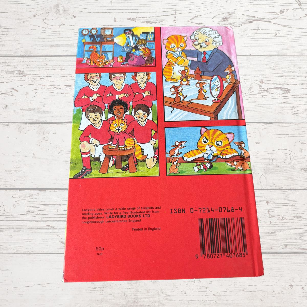 Back cover of a children's book with colorful illustrations and a red background.
