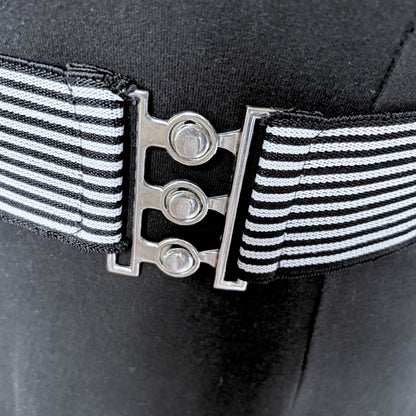 Vintage 80s Black and White Striped Stretch Waist Belt with Metal Clasp. Approx UK size 6-10