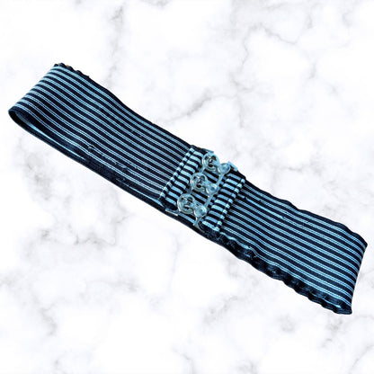 Vintage 80s Black and White Striped Stretch Waist Belt with Metal Clasp. Approx UK size 6-10