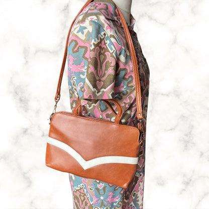 Dark Tan Vintage Top Handle/Shoulder Bag with White Chevron Stripe.