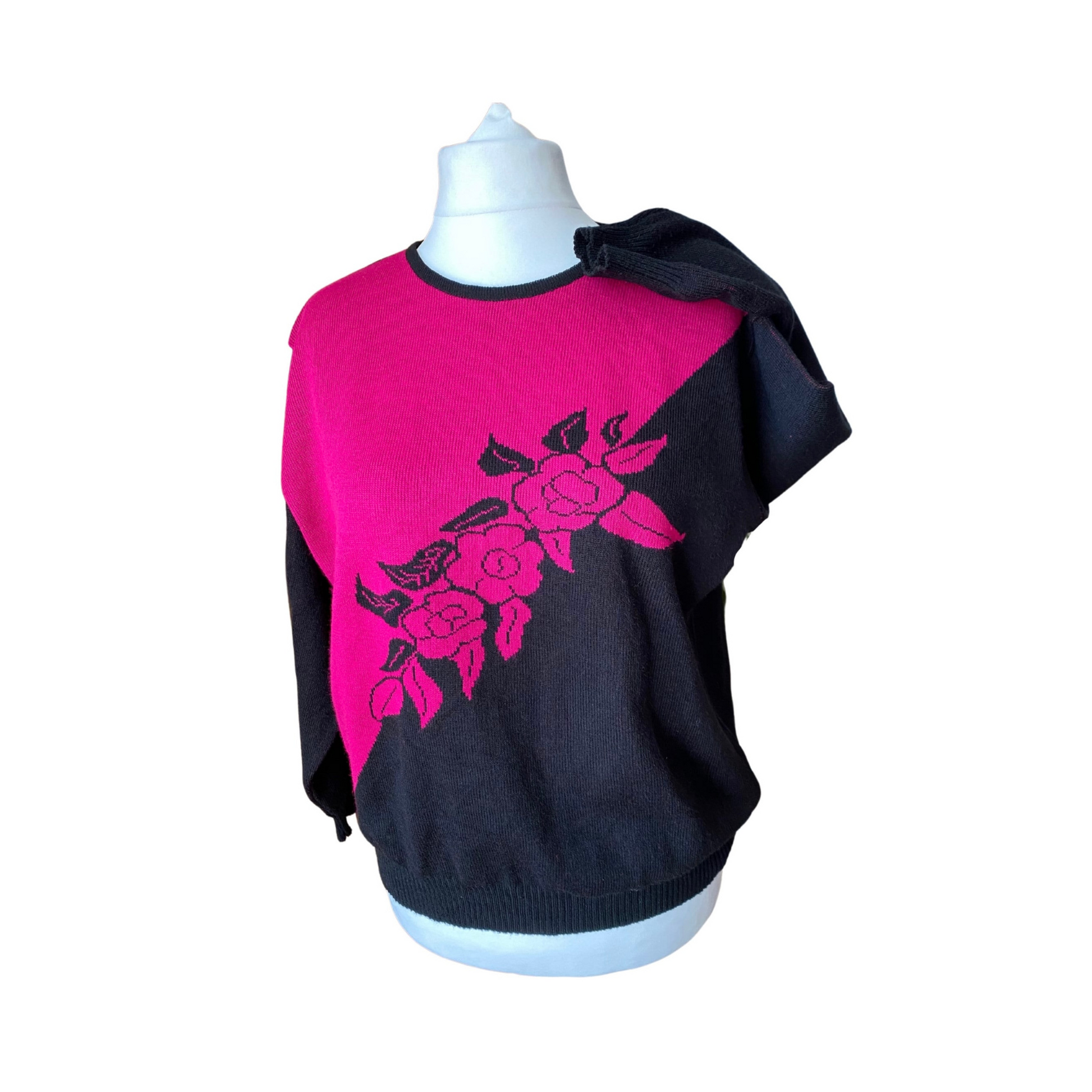 Eye-catching 80s black and cerise print crew neck jumper - perfect for a retro look.